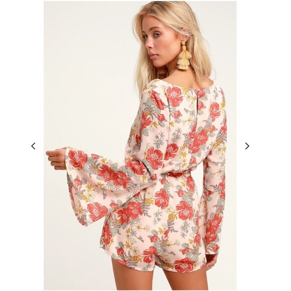 New Lulus Romper Medium Always Thriving Blush Pink Floral Print Bell Sleeve - Picture 3 of 8